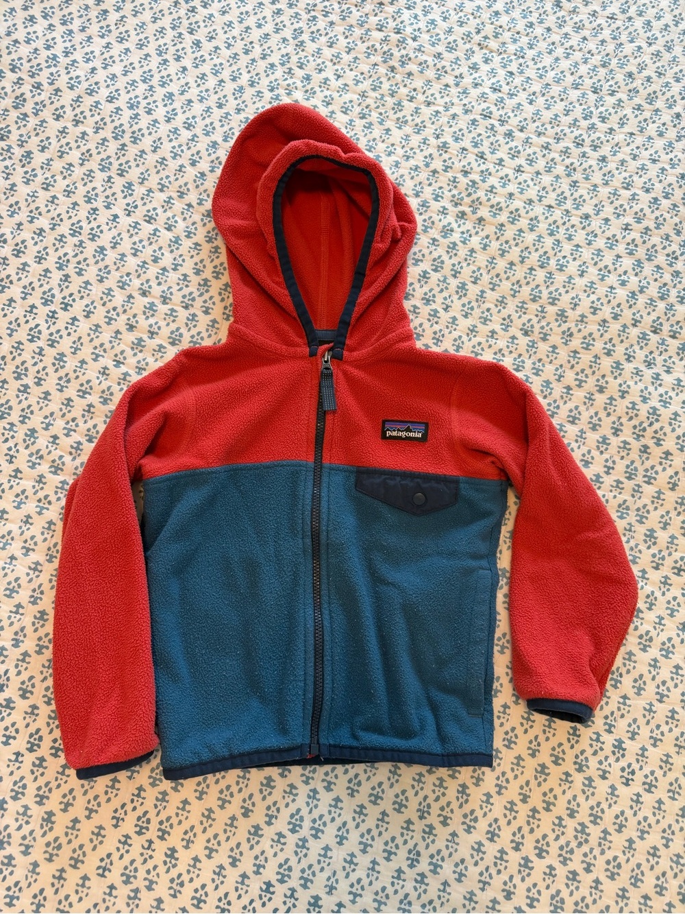 Patagonia Red and Blue Kids Hooded Fleece Jacket - Colorblock Zip